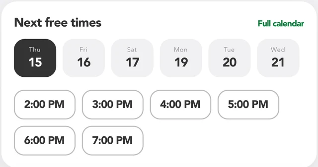 From the tutor profile: next free days and hours, from 2 PM to 7 PM